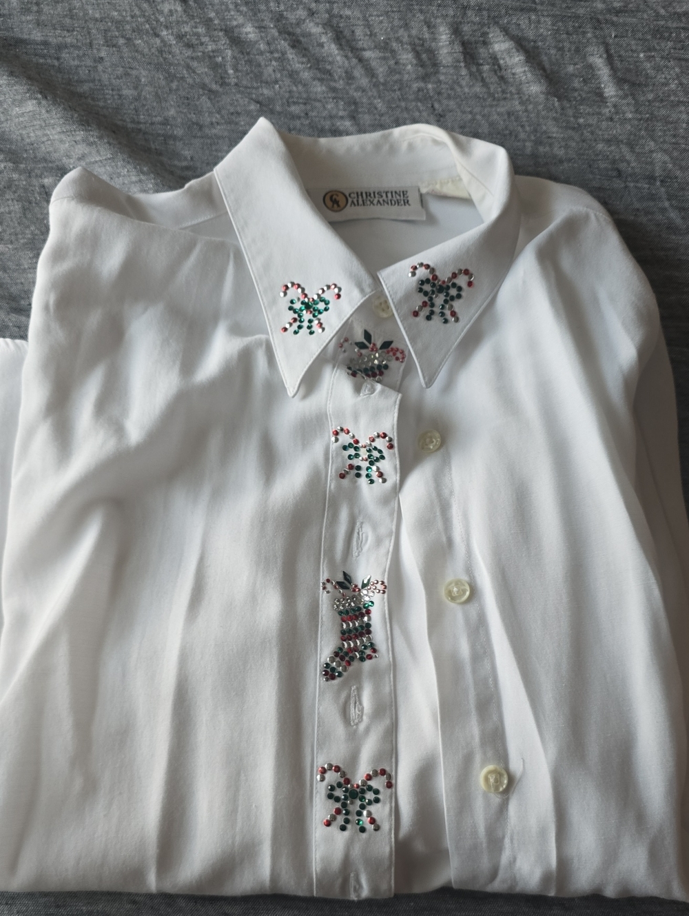 Christine Alexander Christmas White Bedazzled Button-Up Shirt